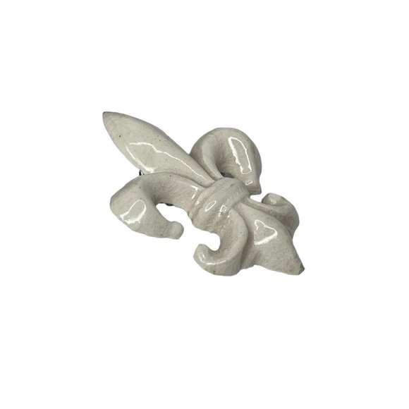 Vintage Beige Fleur de Lis Brooch Pin Crackled Glass Jewelry Retro Classy 2" - Picture 4 of 6